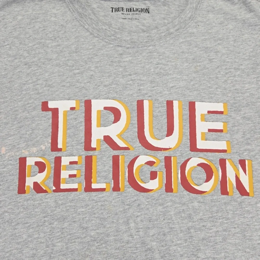 True Religion Shirt Mens Large Gray Heather Spellout‎ Long Sleeve Crew Neck